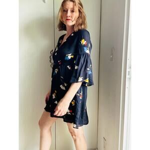 Joie Avari  Silk Boho Baby Doll Dress Black Floral Print Mini Bell Sleeves SZ SM